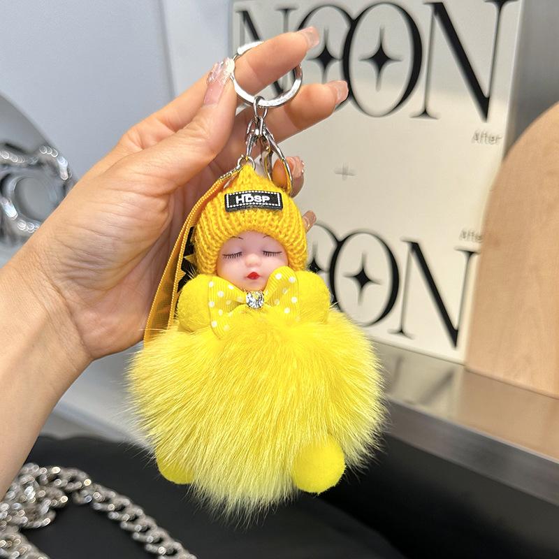 Pompom Sleeping Doll Keychain Cute Fluffy Plush Doll Keychains Women Girl Bags Keyrings Cars Key Ring Gift Charming Decoration