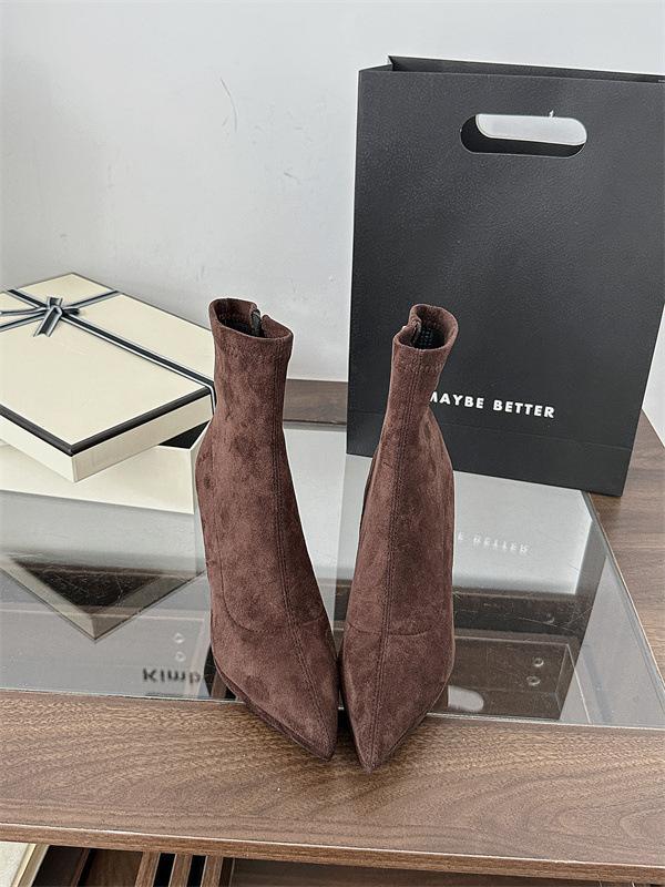 

2025 autumn and winter new thin heel middle tube side zipper thin boots Spice girl suede pointed high heels women 39