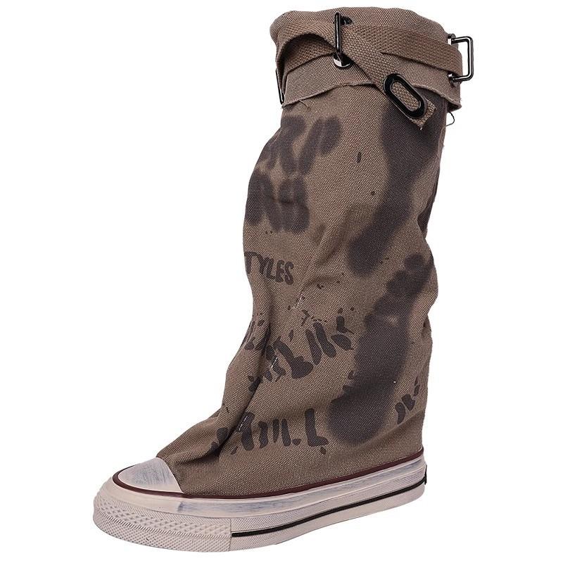 Niche Women's Shoes Pointed-toe Anti-slip Height-increasing Canvas Boots New Style Dui Dui Mid-calf Boots