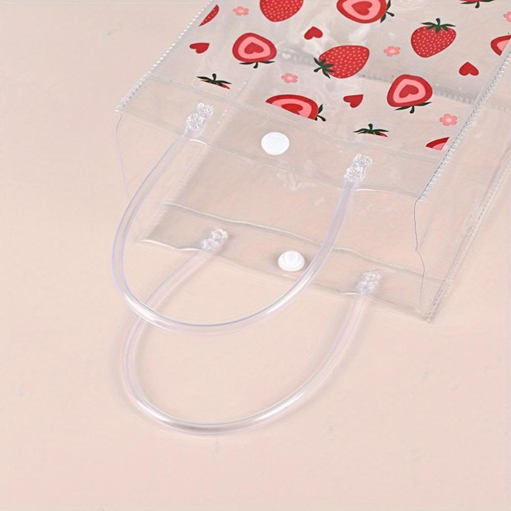 5pcs Strawberry Clear Gift Bags Cute Fruit Party Favor Bags with Handles Shopping Bag Red Heart Strawberry Bags Treat Tote Bags Gift Wrap Bags Handbag