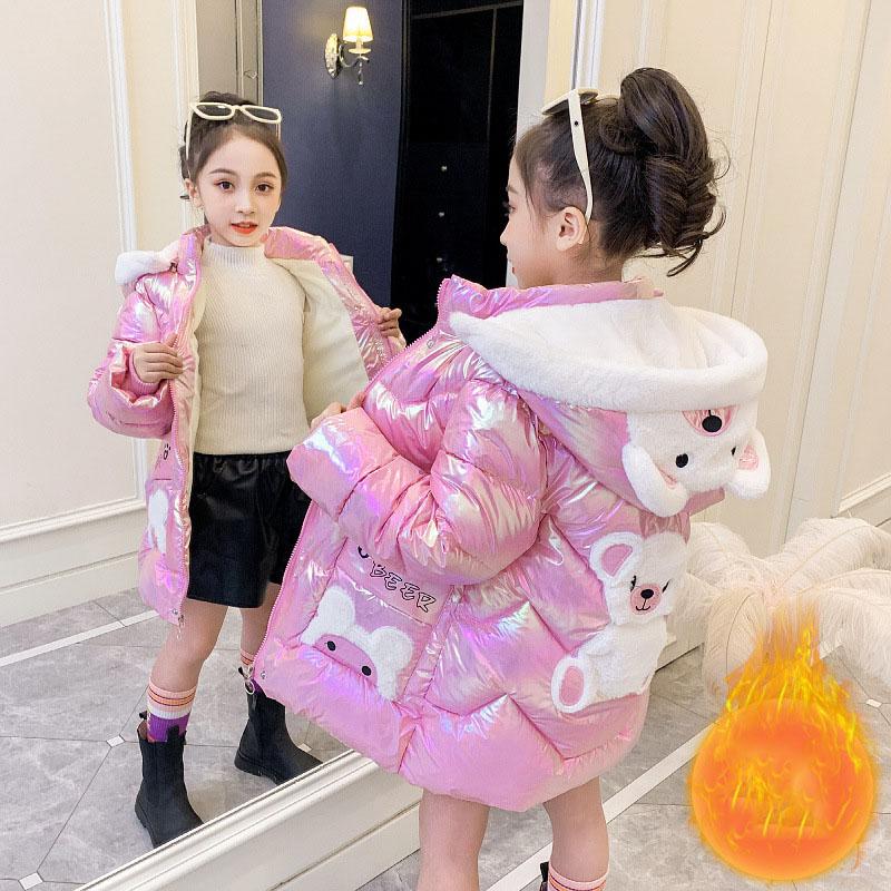 Dlouhá zimní péřová bunda Roztomilé kabáty s medvídkem pro dívky Parky Módní Jasná s kapucí Dětské Vodotěsné svrchní oblečení