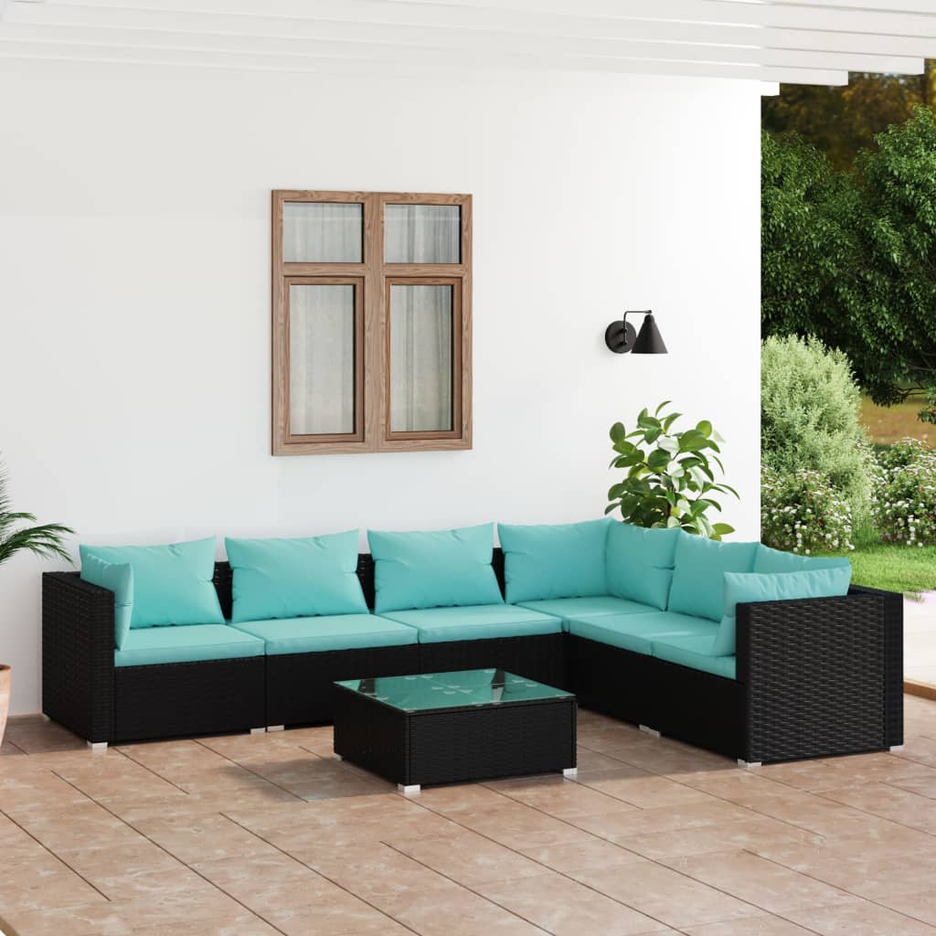 Vidaxl 7-Cz. Garden Lounge Set, Cushions, Black PE Rattan