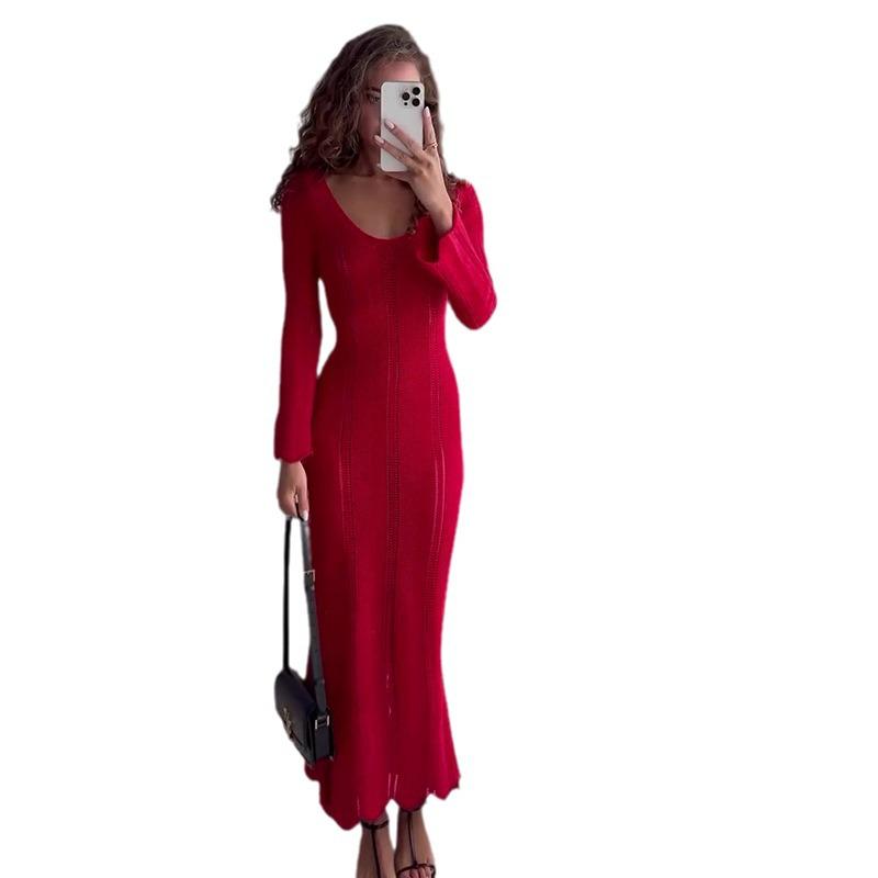 2024 Jesień Damska Sukienka Bodycon w Jednolitym Kolorze z Dekoltem U i Długim Rękawem
