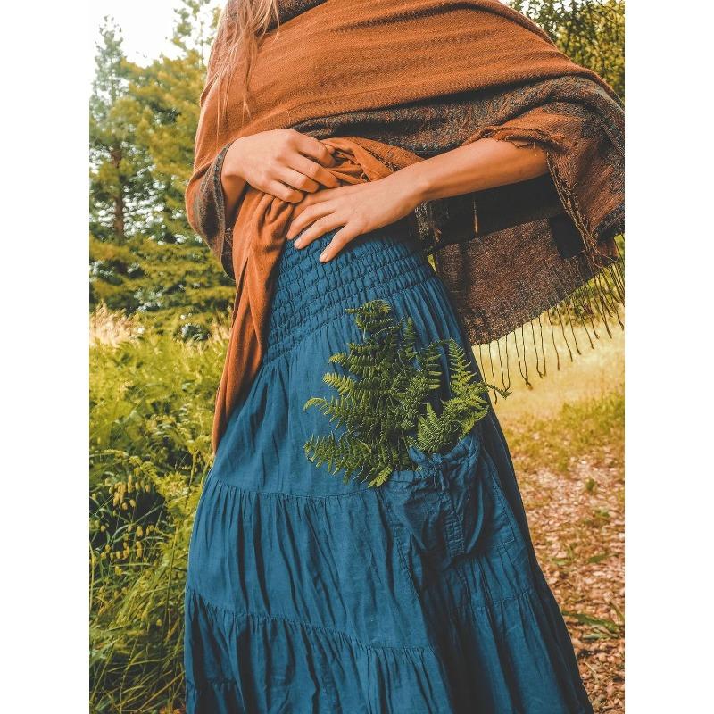 Tiered A Line Skirt Women Forest Fairy Pockets Patchwork Long Dress Elastic Waist Vintage Hippie Gypsy Maxi Skirt