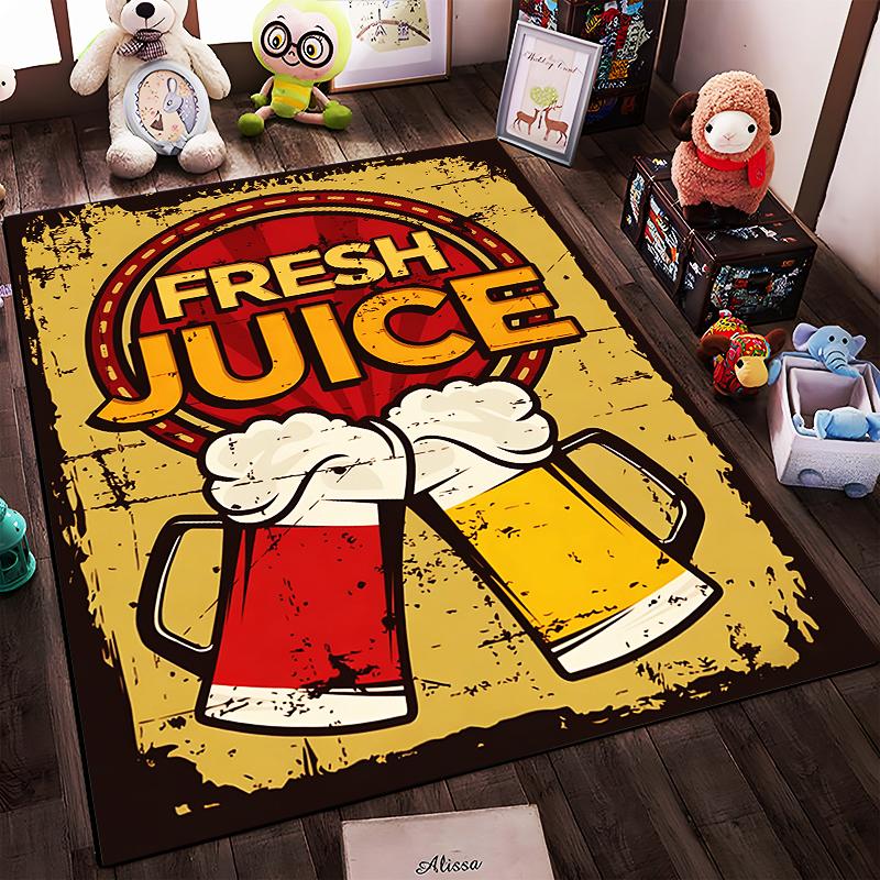Retro Style Carpet with Fresh Juice Mug Design In Yellow & Red Suitable for Use As an Anti-slip for Living Room Bedroom Sofas