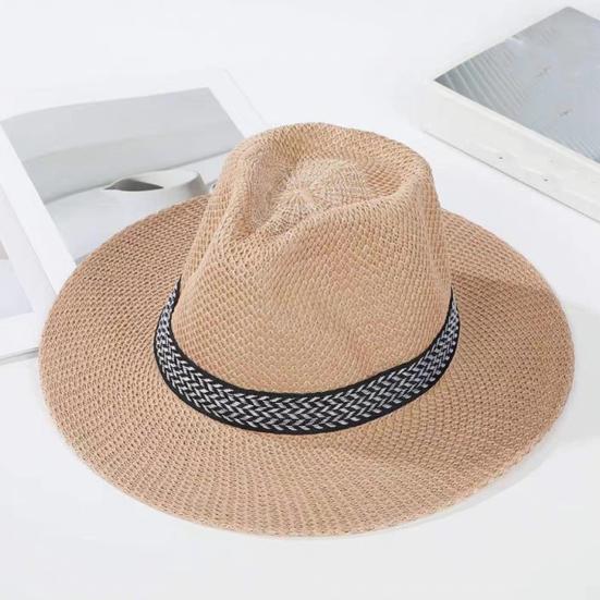 Men Summer Fisherman Hat Hollow Straw Weaving Full Face Sun Protection Wide Brim Western Cowboy Hat with Black Ribbon Decor Foldable Beach Hat