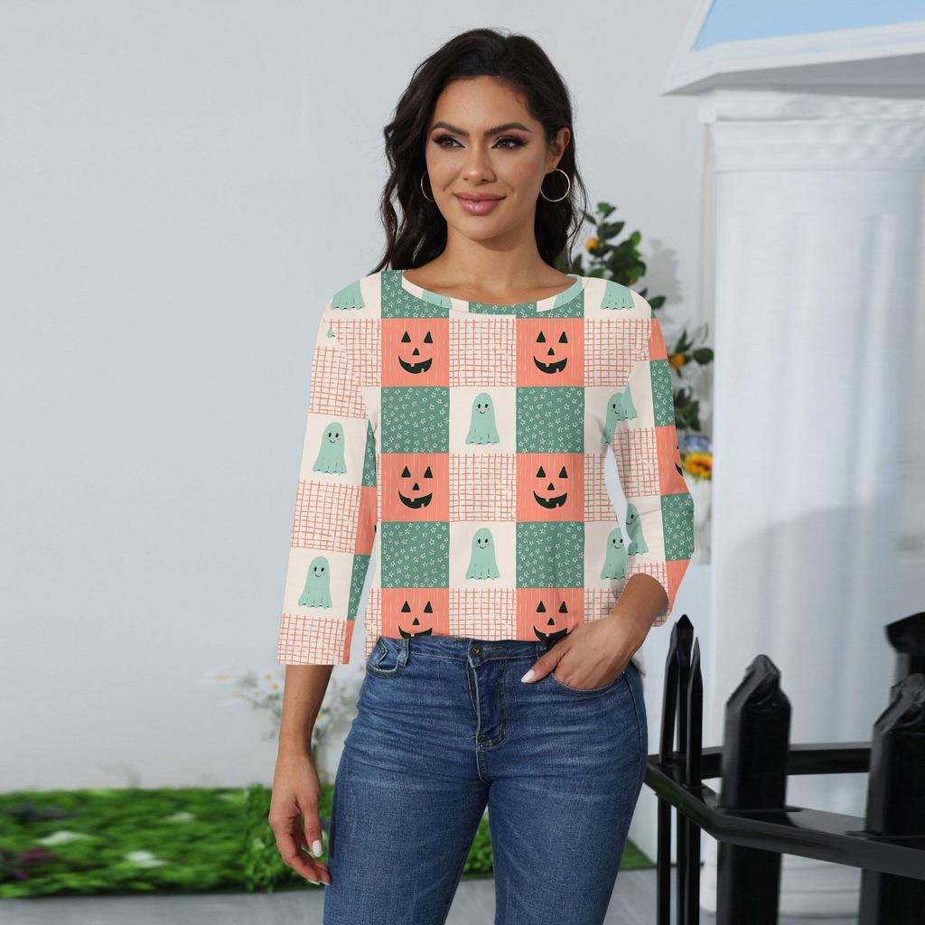 Women's Fashion Casual Three-quarter Sleeve Halloween Printed Round Neck Top