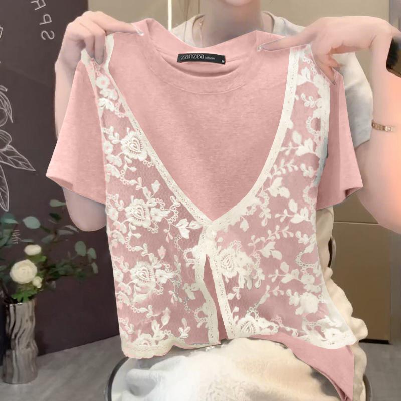 

ZANZEA Женские повседневные футболки с круглым вырезом, летние, с коротким рукавом, с кружевной отделкой M