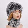 New Good Elastic Lady Winter Rex Rabbit Fur Hats Scarves Knitted Women Natural Fur Caps Scarves Sets 2 Pieces Hats Mufflers