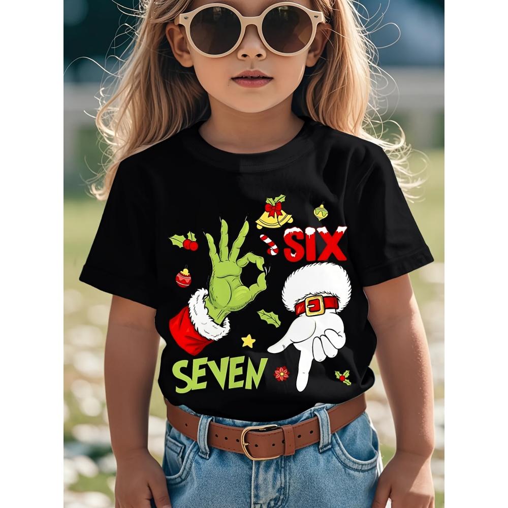 Christmas elf print short-sleeved round neck T-shirt for girls, casual girls clothing. 100