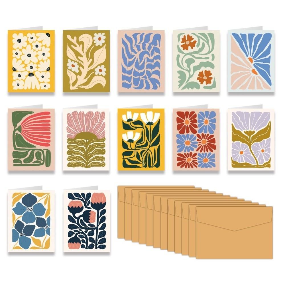 12/24pcs Abstract Floral Thank You Cards Set Boho Style Thicken Blank Note Cards with Envelopes 20x15cm Greeting Cards
