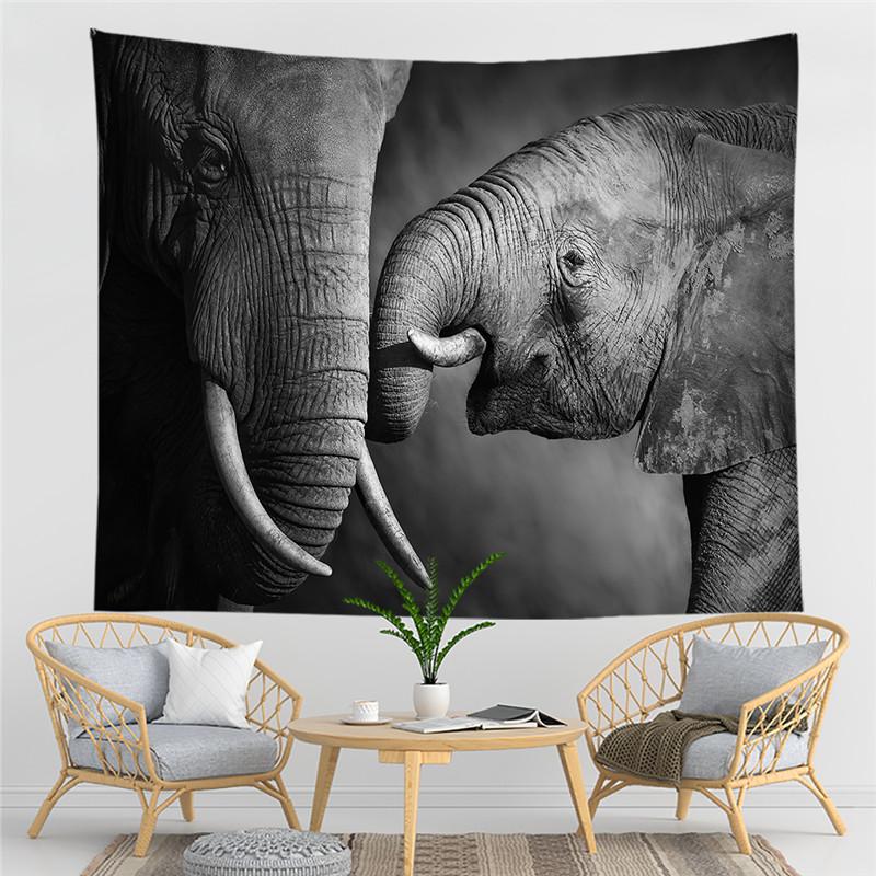 Black and White Elephant Print Pattern Tapestry Bohemian Style Wall Hanging Mandala Polyester Living Room Decoration Tapestry