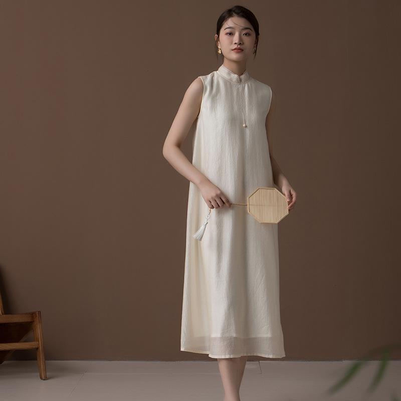 New Chinese Style Tencel Zen Retro Sleeveless Tea Dress for Spring-Summer Large абрикосовый