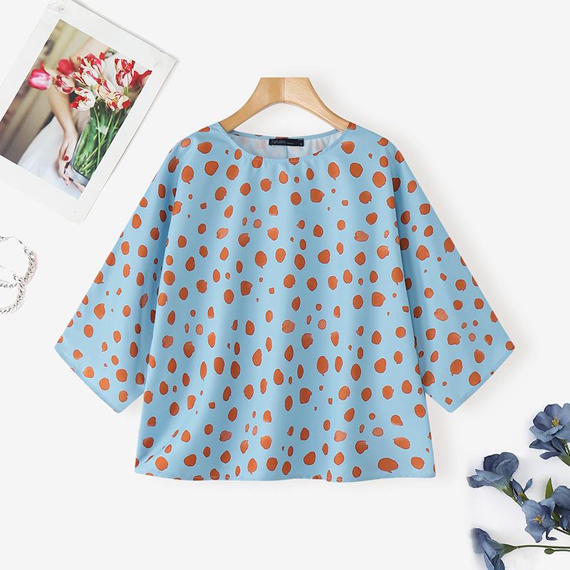 

ZANZEA Женская повседневная блузка с круглым вырезом, свободным рукавом 3/4 и принтом 5XL синий