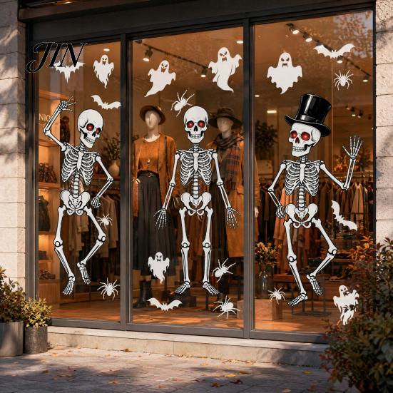 Rent-friendly Glass Decal 3Pcs Halloween Skeleton Stickers, Waterproof PVC Window Clings, Static Decals, Stress-free Removable Stickers for