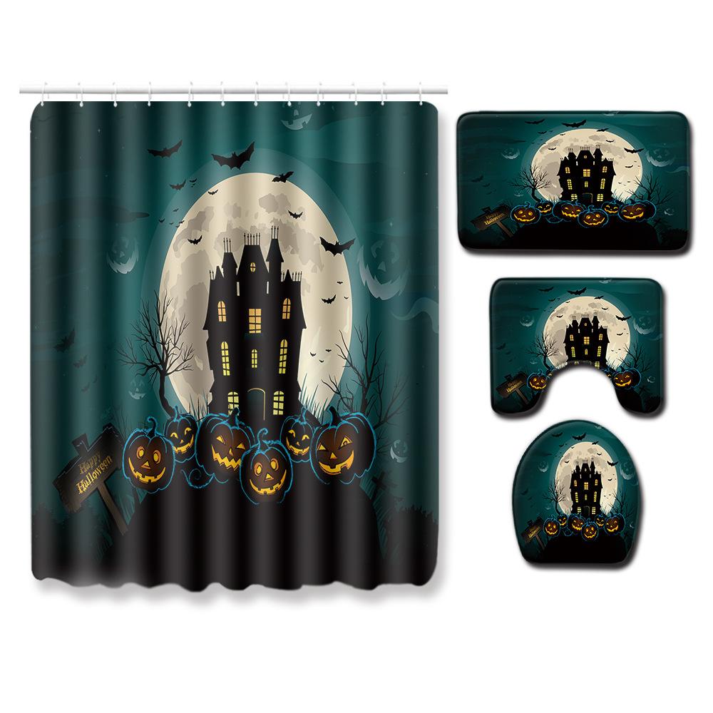 Halloween Shower Curtain Floor Mat Combination Four-Piece Set Bathroom Toilet Carpet Shower Room Foot Mat