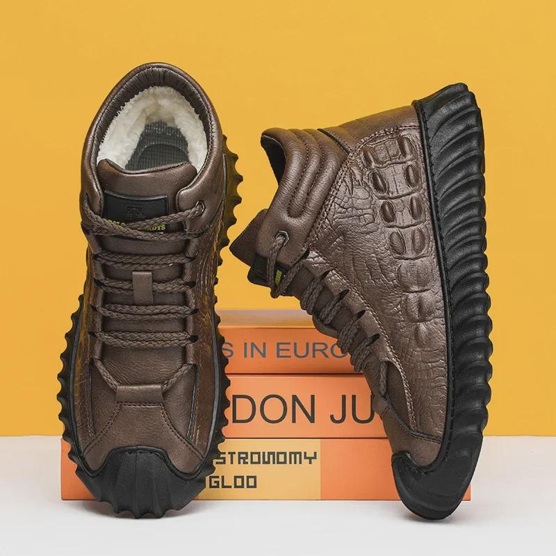 Men's High-Top Anti-Slip Leather Snow Boots with Cotton, Velvet, and Wool Fur Lining