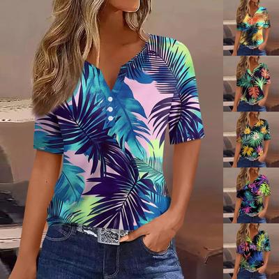 Women's T Shirt Print Button Short Sleeve Daily Weekend Fashion Basic V- Neck Regular Top