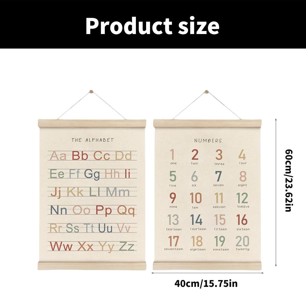 2Pcs Alphabets and Number Learning Wall Hanging Decors Set Wood Frame Nursery Poster Hangers Frame Set for Toddlers