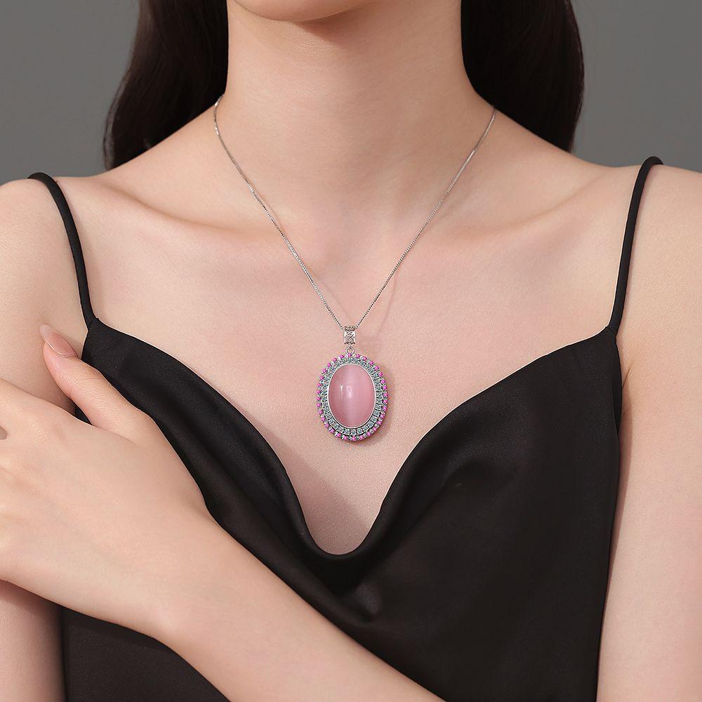 925 Sterling Silver Luxury Sweet Pink Round Zircon Pendant Necklace Birthday Party Anniversary Wedding Gift