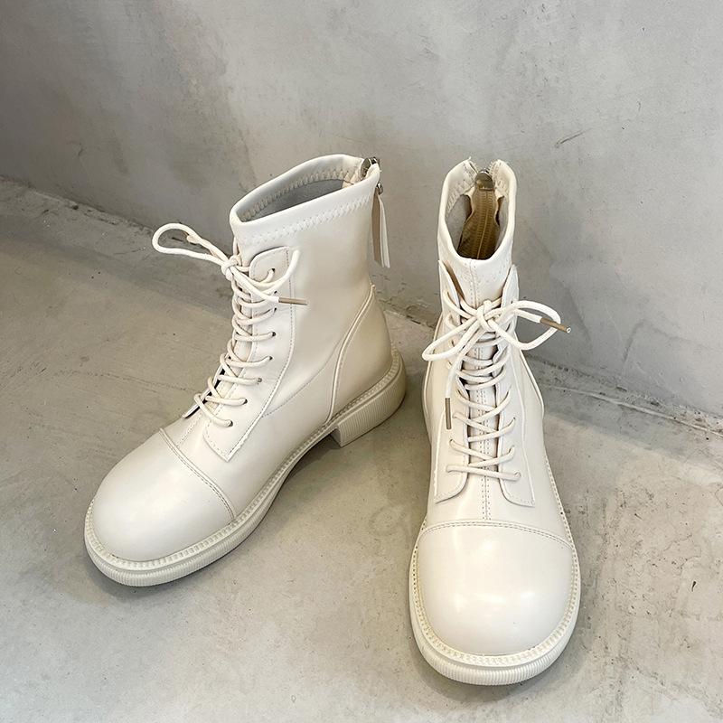Leather Boots Women's 2025 Autumn and Winter New Retro Low Boots Round Head Thick Heel Boots Soft Leather Lace-up Martin Boots Women