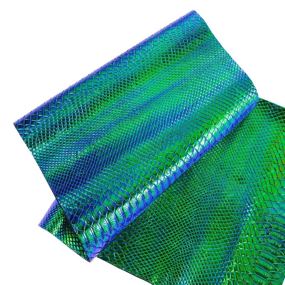 1 Rolle 30x135cm Schlangenhautmuster Bögen Holografisch Blau & Grün Lederbögen PU Kunstleder Schlangenhautmuster