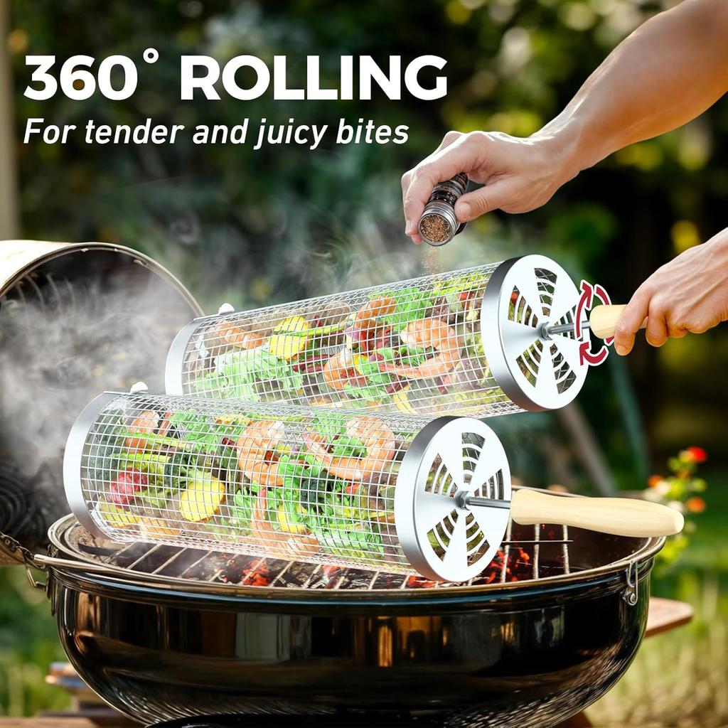 Rollender Grillkorb(2 STÜCKE) Abnehmbarer Holzgriff 304 Edelstahl, Grillzubehör Werkzeuge für Gemüse Fleisch Essen Outdoor Camping Grillen
