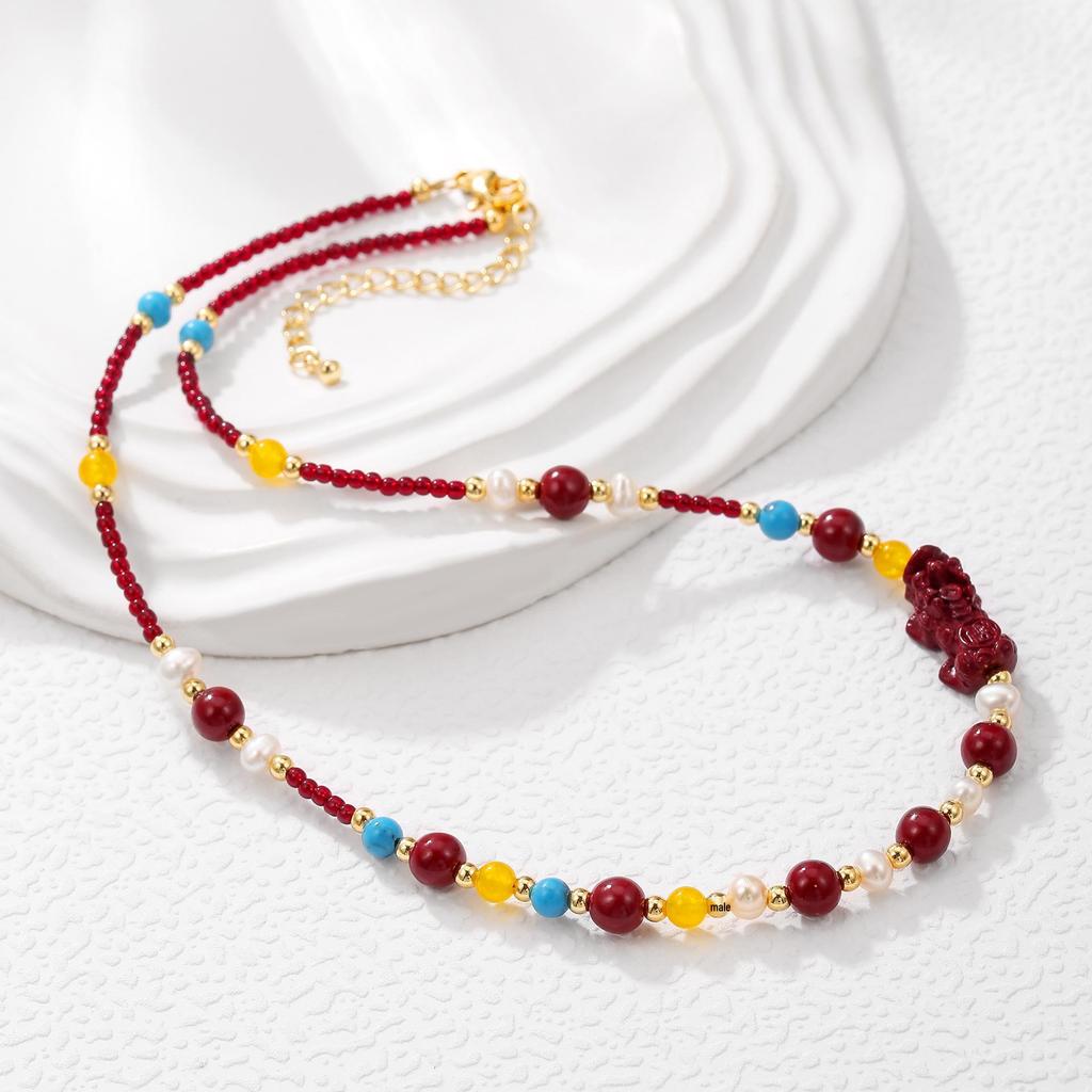 Luxe Cinnabar Pixiu & Zoetwaterparel Armband Ketting in Chinese Stijl