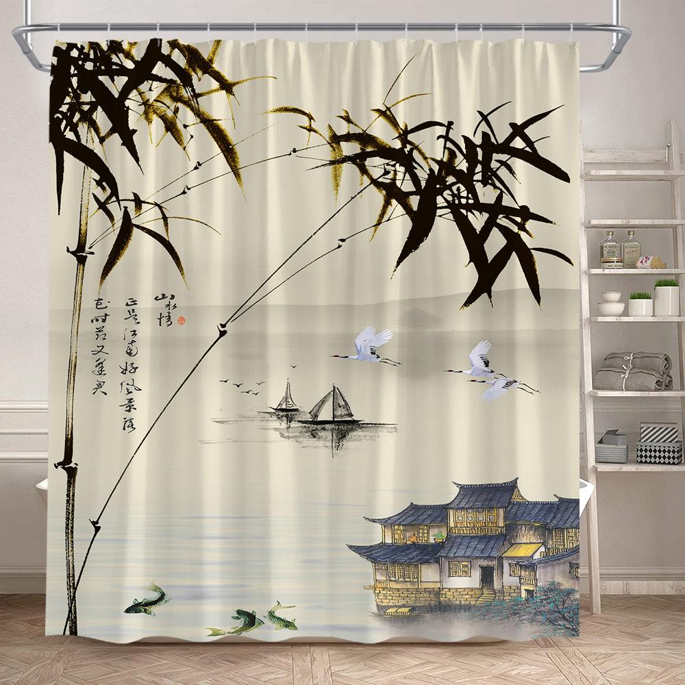 Ink Landscape Shower Curtain Black Bamboo Bird Abstract Mountain Water Chinese Style Bath Curtain Waterproof Home Bathroom Decor