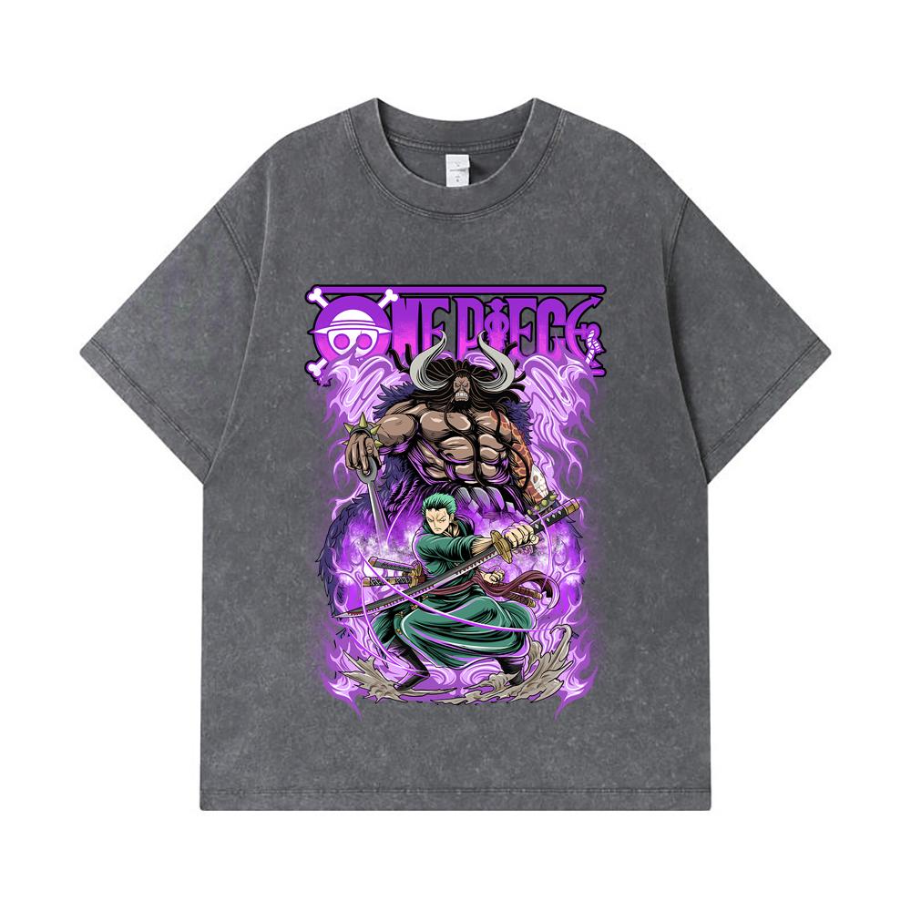 T-shirts Lavés 275 GSM 100% Coton Pièce Unique V32 Impression Zoro Kaido Unisexe T-shirt Lourd en Coton