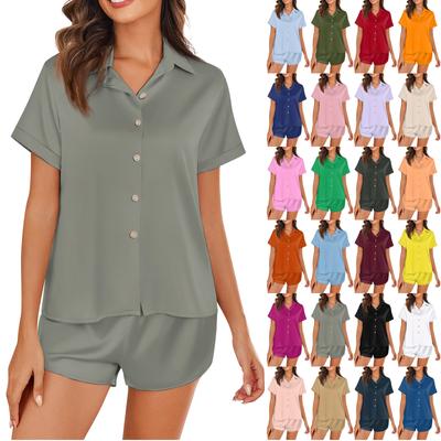 Damen Seidenpyjama Kurzarm Satin Nachtwäsche Set 2-teilig Knopf Hauskleidung