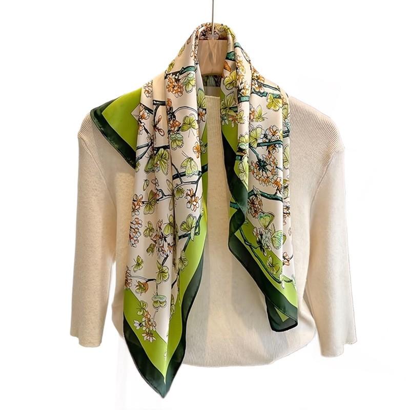 70cm Silk-Like Square Scarf Women Lightweight Floral Print Neck Wrap Office Chic Accessory