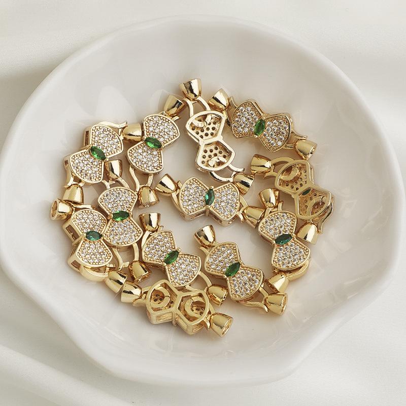 14K Gold-Filled Zircon Bow Connector Clasp with Fan-shaped Pearl for DIY Jewelry Accessories
