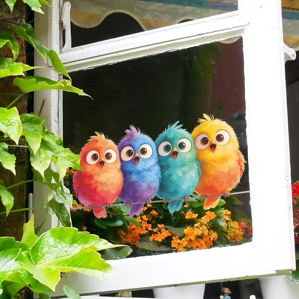 Cartoon Painted Bird Static Cling Window Sticker Outdoor Balcony Glass Removable UV Resistant Self-Adhesive Home Decor Art