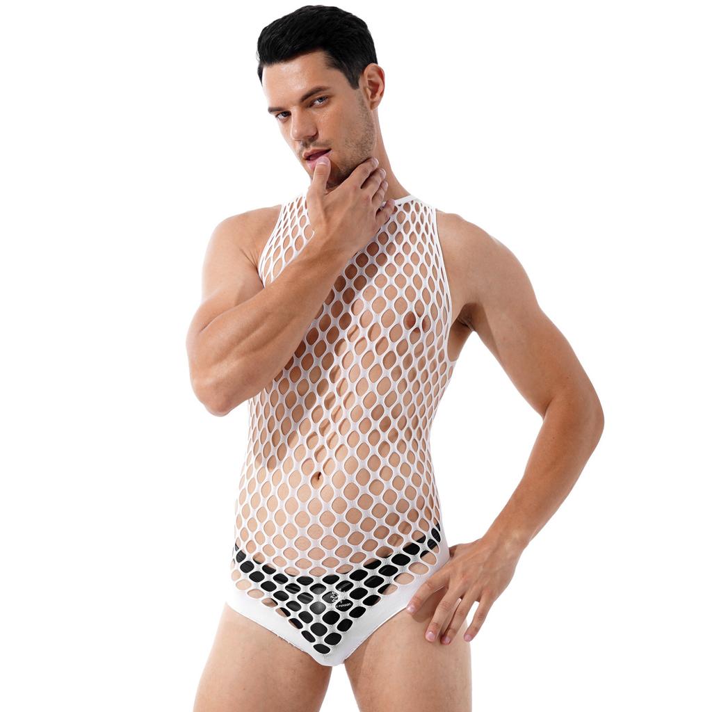 Men Swimwear Fishnet Cover Up Dress Stretchy Swimsuit for Bathing Suits