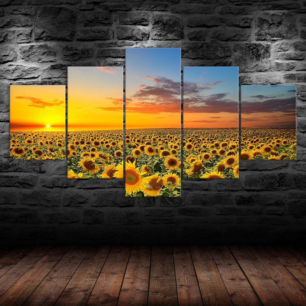 Sunflower Field Sunset Scene 5 Piece Canvas Wall Art Multi Panel Print Modern Poster Home Decor Picture Gift For Him For Her