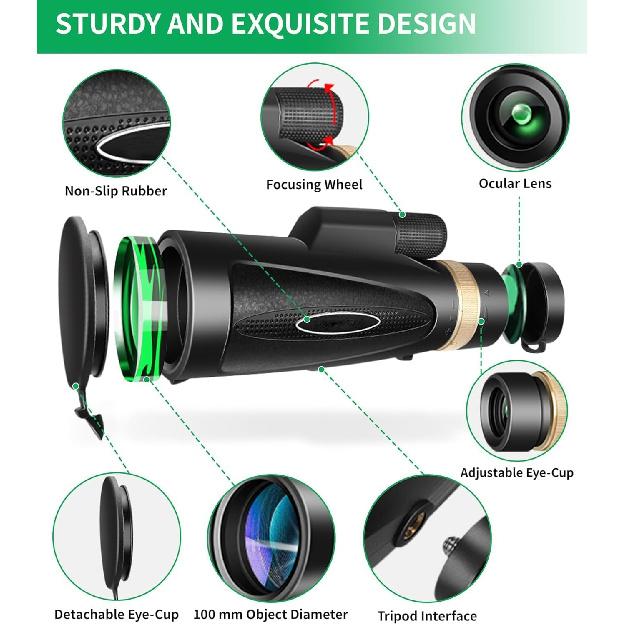 Monocular Telescope 80x100 High Power with Smartphone Adapter Tripod Larger Vision Monoculars for Adults with BAK4 Prism & FMC Lens Suitable for Bird