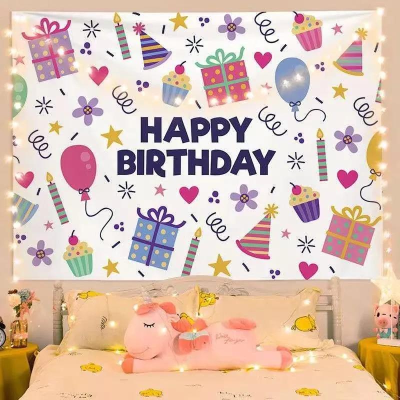 Všechno nejlepší k narozeninám Tapiserie Roztomilý dětský květinový potisk Látkové pozadí Nástěnná závěsná Domov Ložnice Obývací pokoj