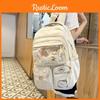 Color Solid Simple Student Backpack With Transparent Compartment And Decor Doll