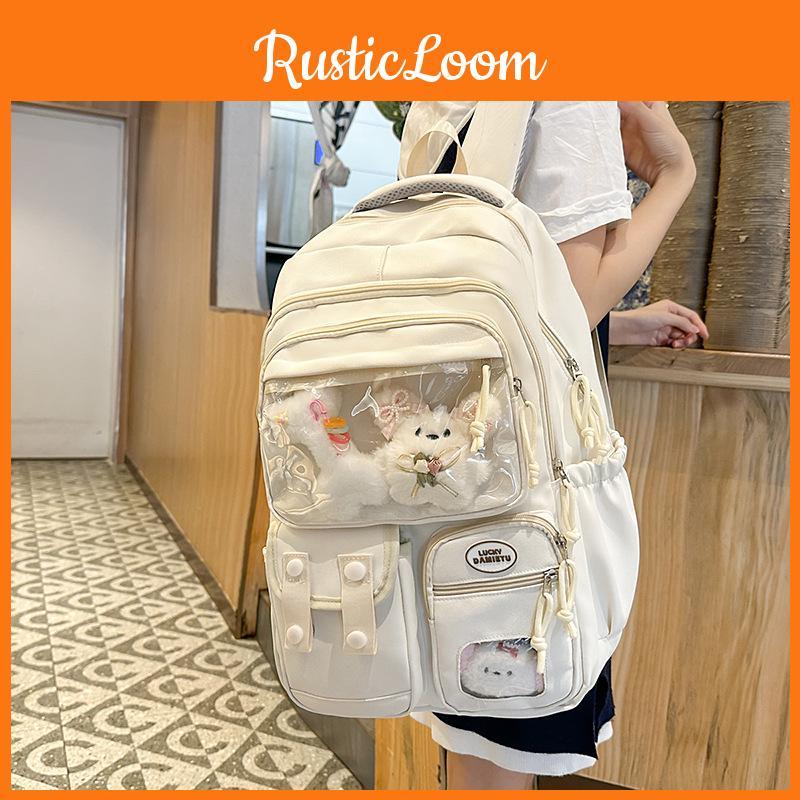 Color Solid Simple Student Backpack With Transparent Compartment And Decor Doll