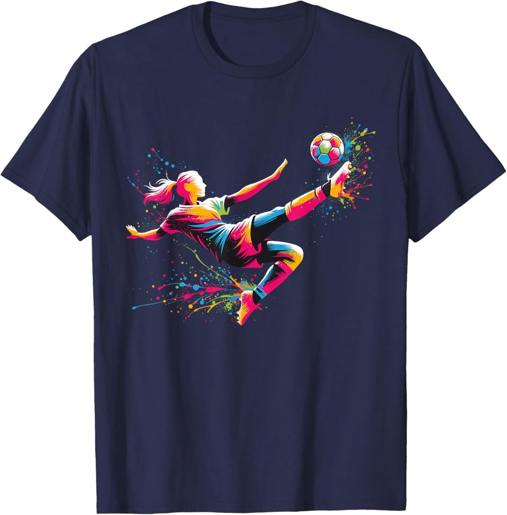 Colorful Splatter Soccer Player Kick Graphic Tee Breathable Cotton Daily Tshirt For Unisex