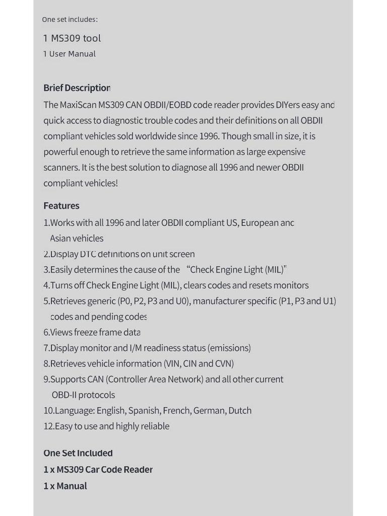 MS309 OBD2-Auto-Codeleser-Diagnosegerät