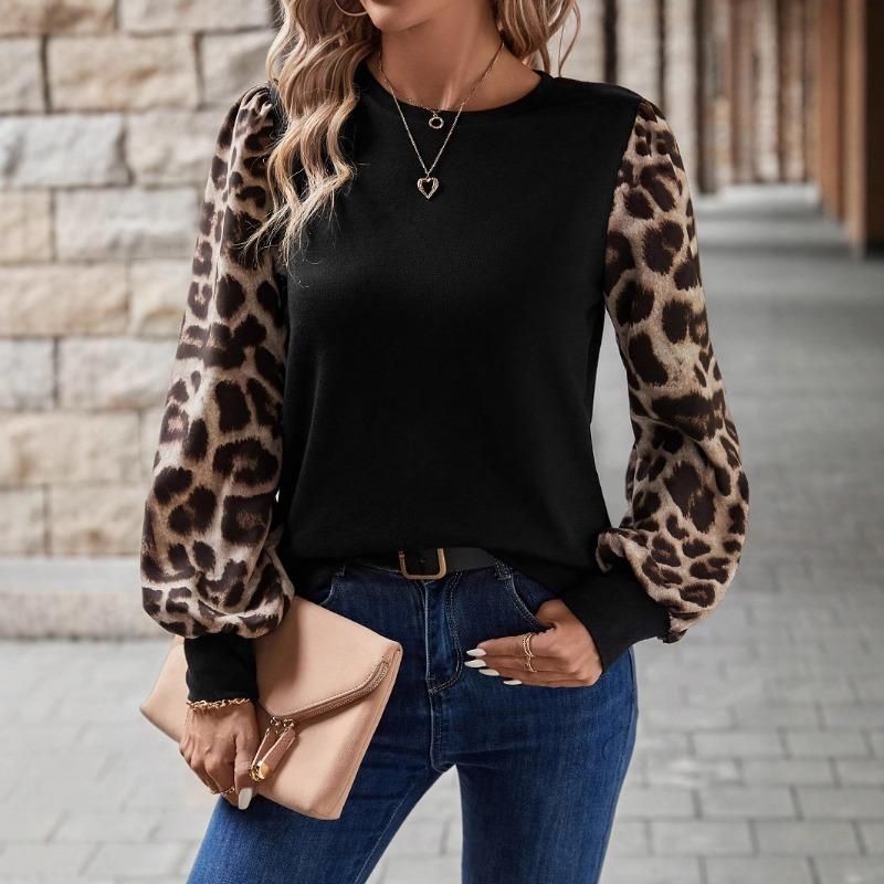 Damen T-Shirt Tops im Herbst und Winter Neu Leopardendruck Locker Langärmlig Rundhals Gespleißtes T-Shirt Vielseitige Tops