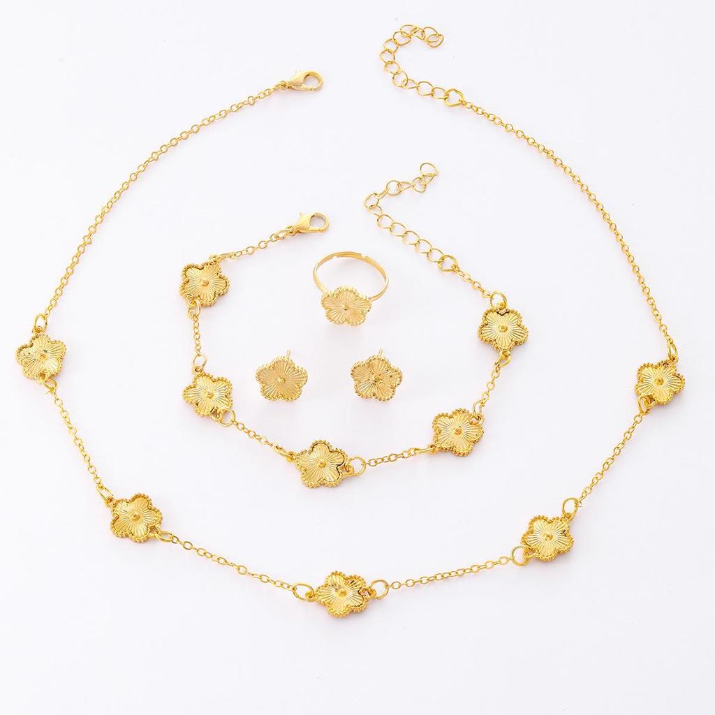 Lucky Five-Leaf Clover Jewelry Set: Necklace, Bracelet, Earrings, and Ring – Elegant European & American Style for Women