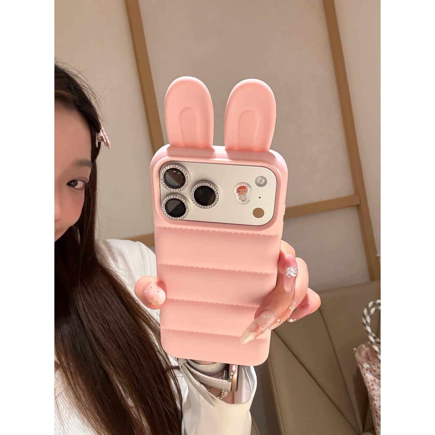

Cartoon Rabbit Ear iPhone 15/16/17 ProMax Shockproof Down Jacket Case iPhone 16 Pro Max