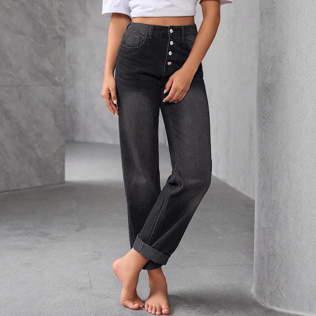 Women's Mid Rise Straight Leg Jeans Loose Fit Vintage Solid Color Washed Denim Pants Retro Casual Spring All-match Long Trousers