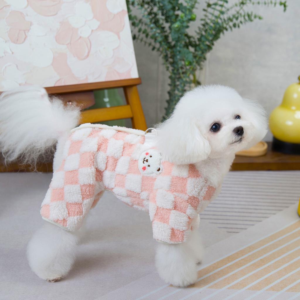 Checkerboard Dog And Cat Fall And Winter Four-Legged Coat Small Dog Warm Coat Lambswool College Style Pet Cold Weather Clothing