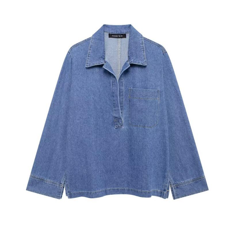 2025 Euro-American Style Denim Open Collar Top & High Waist Wide Leg Pants Set