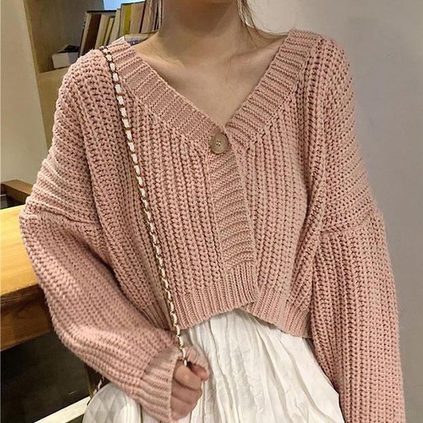 Autumn and Winter French Lazy Wind Loose Outer Wear V-neck Short Long Sleeve One Button Knitted Cardigan Sweet Sweater Women