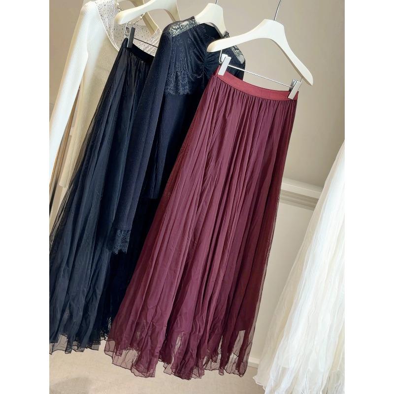 Early spring new fashion temperament versatile high sense A word pleated skirt women's drape mesh fairy skirt medium length skirt